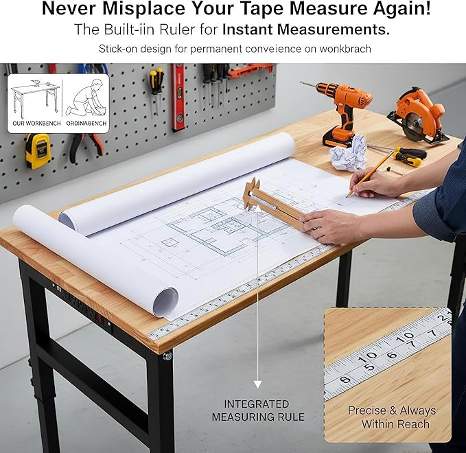 48" x 24" Heavy Duty Adjustable Workbench with Casters & Thickened Legs, 8-Level Height Adjustment, with Scale, Pegboard and Hooks, Rubberwood Worktable for Garage or Work