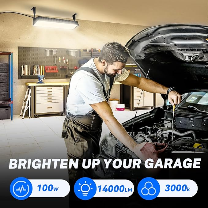 100W LED Shop Light, 14000LM 3000K Warm White Plug in Garage Light with 6FT Power Cord, IP66 Waterproof Work Bench Shop Lights for Garage, Workshop, Warehouse, Outdoor, Yard, Garden