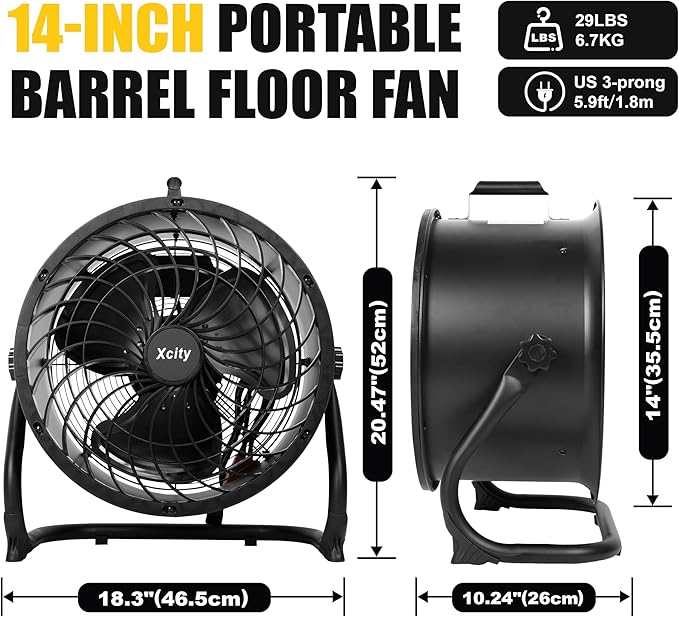 Xcity 14 Inch Metal Drum Fan, Max 2300 CFM High Velocity Industrial Floor Fan With 3 Speed & 360° Tilt For Garage, Workshop, Commercial, Patio