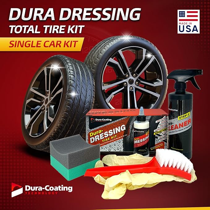 DURA-COATING TECHNOLOGY, Dressing Total Tire Kit, Single Car Kit - All Inclusive Tire Shine, and Cleaner Kit for a Lasting Shine and Brilliant Finish - 16 Ounce Tire Cleaning Spray - Made in The USA