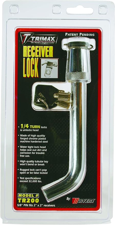 Trimax Deluxe 5/8" Dia. Key Bent Pin Receiver Lock, 3-1/2" Span TR200, Clam Packaging, Chrome