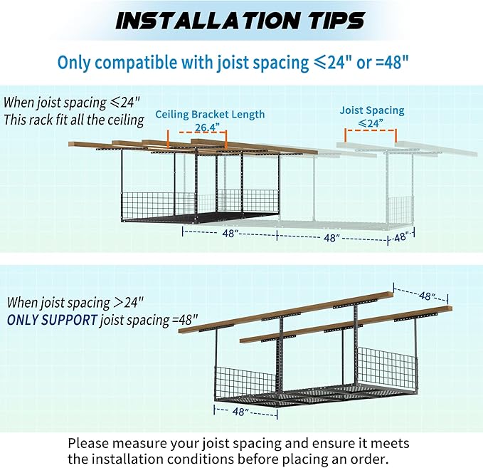 Soywey 4x8FT Overhead Garage Storage Rack,Garage Shelving Storage Organizer System with Side Guardrails,Heavy-Duty Metal Ceiling Racks,Load 700LBS Weight