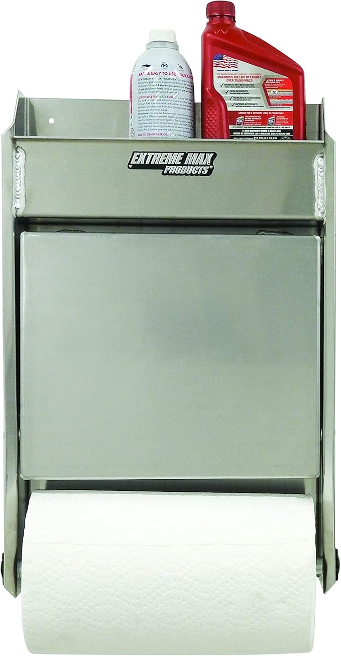 Extreme Max 5001.6053 Junior Aluminum Work Station Storage Cabinet Flip-Out Work Tray with Paper Towel Rack Organizer for Enclosed Race Trailer Shop Garage Storage,Silver
