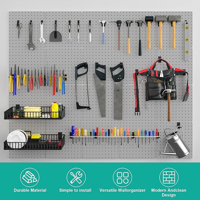 Peg Board, 4 Pack Metal Pegboard Panels Grey Pegboards Wall Organizer with Bent Frame Large Heavy Duty Peg Board for Walls Home, Garage Tool Storage, Office Organization, Craft Room, Kitchen