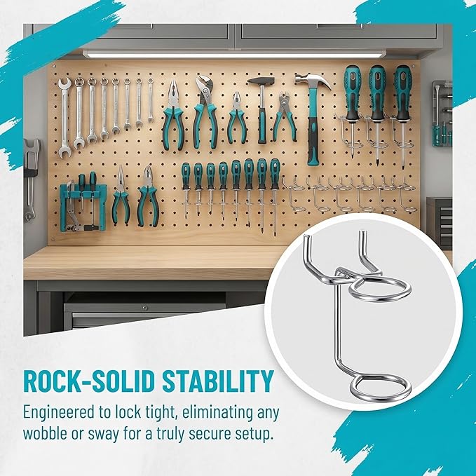 5Pcs Pegboard Screwdriver Holder Tool Organizers Double-Ring Peg Board Hang Tool Holders Hooks and Hangers for Screw Drivers Wrench Hammer Pliers Storage Accessories Wall Mount Tool Storage