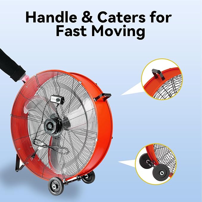 30 Inch Industrial Drum Fan 14000 CFM Ultra High Velocity Floor Fan for Large Warehouse, Shop & Gym - 3-Speed Heavy Duty Metal Cooling Fan with 360° Tilt, Rolling Wheels & UL Safety Listed