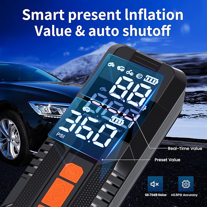 Tire Inflator Portable Air Compressor, 150PSI Air Pump for Cars Tires, LCD Display Tire Pressure Gauge 6000mAh & LED Light, Cordless Portable Air Compressor for Cars, Motorcycles, Bikes, Balls
