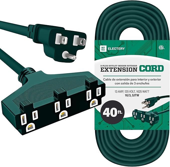 Indoor/Outdoor Extension Cord with 3 Outlets - 40 Ft Multi-Outlet 1625W Wire, 16/3 SJTW Grounded Plug - for Outside & Indoor Use, Waterproof & Weather Resistant - Green- ELECTERY ETL Listed