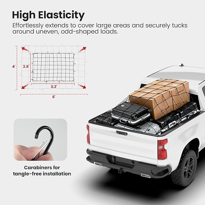 Cargo Net for Pickup Truck Bed, 2.6'x3.3' Stretches to 4'x6', High Elasticity 12 Carabiners & Storage Bag for SUV, Trailer & Boat