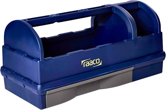 Raaco Open Portable Tool Box Organizer with Handle, Plastic Polypropylene Toolbox with 3 Compartments & Built-in Drawer, Hand-Held Storage Carrier, 55 lb Load Capacity