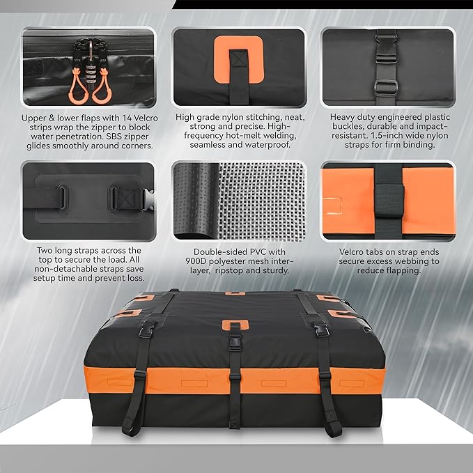 MARCHWAY Waterproof Car Roof Luggage Bag, Weatherproof Soft Shell Rooftop Cargo Carrier Bag for Vehicles with or Without Rack. 6 Door Hooks, Anti Slip Mat, Lock Included (15 Cubic Feet, Orange)