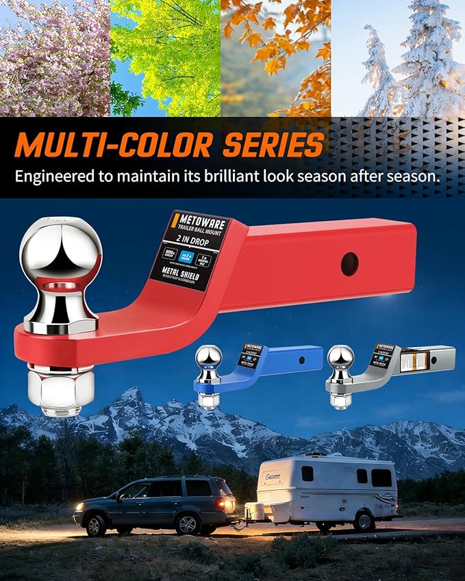 METOWARE Trailer Hitch Ball Mount, 2" Drop Hitch with 2" Ball, 6,000 lbs GTW Fits 2" Receiver for Truck SUV Boat RV, Solid Steel Towing Kit with Hitch Pin & Clip, Matte Victory Red