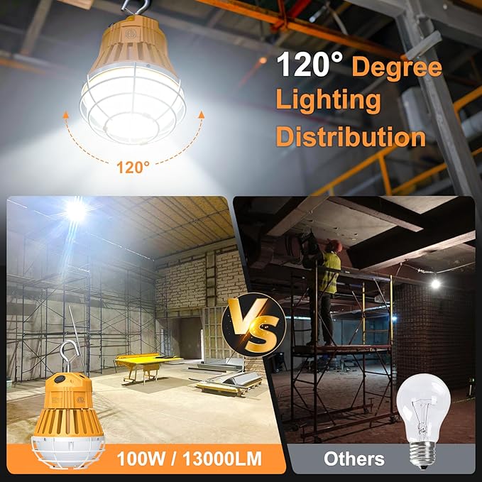 LED Temporary Work Light 100W, 13000LM 5000K Portable Hanging Construction Light with 10ft Cable Plug and Sturdy Hooks Linkable LED Work Light for Job Site Lighting, Workshop, Garage ETL Listed