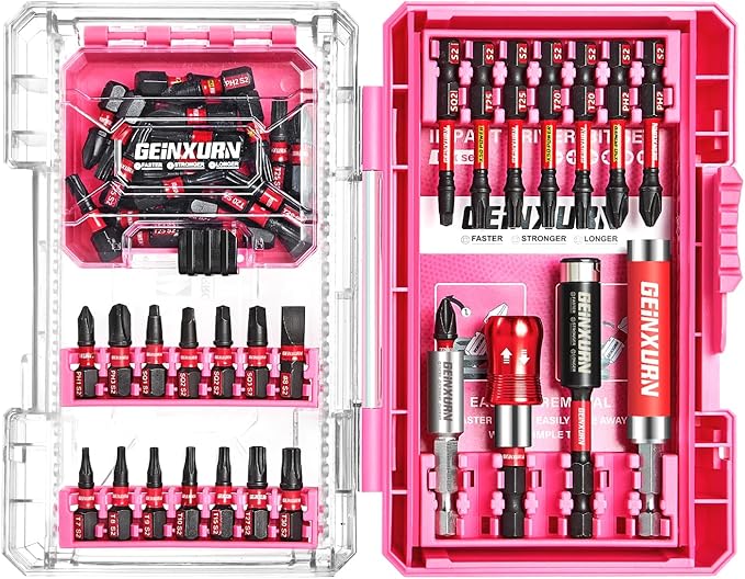 Geinxurn 56Pieces Impact Screwdriver Bits Set, Magnetic S2 Steel Phillips/Slotted/Square/Torx Insert Power Bits Tips, Impact Bit Holder with Pink Storage Box Case