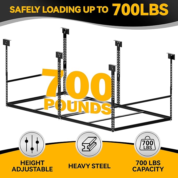 4x8 Ft Overhead Garage Storage Rack, 28-41 inch Height Adjustable Ceiling Mounted Organization Rack, 700 lbs Weight Capacity, 48"x96" Heavy Duty Space-Saving Metal Rack for Garage Storage