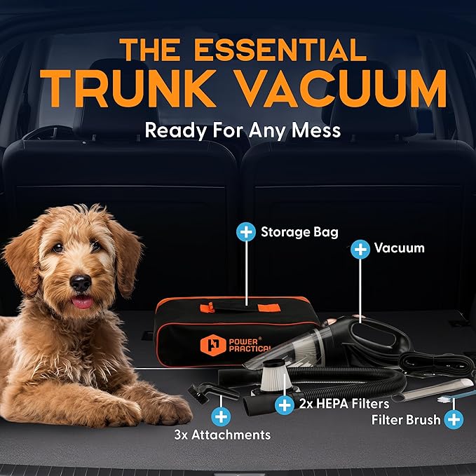 THISWORX Car Vacuum Cleaner - Portable, High Power, Handheld Vacuums w/ 3 Attachments, 16 Ft Cord & Bag - 12v, Auto Accessories Kit for Interior Detailing - Black