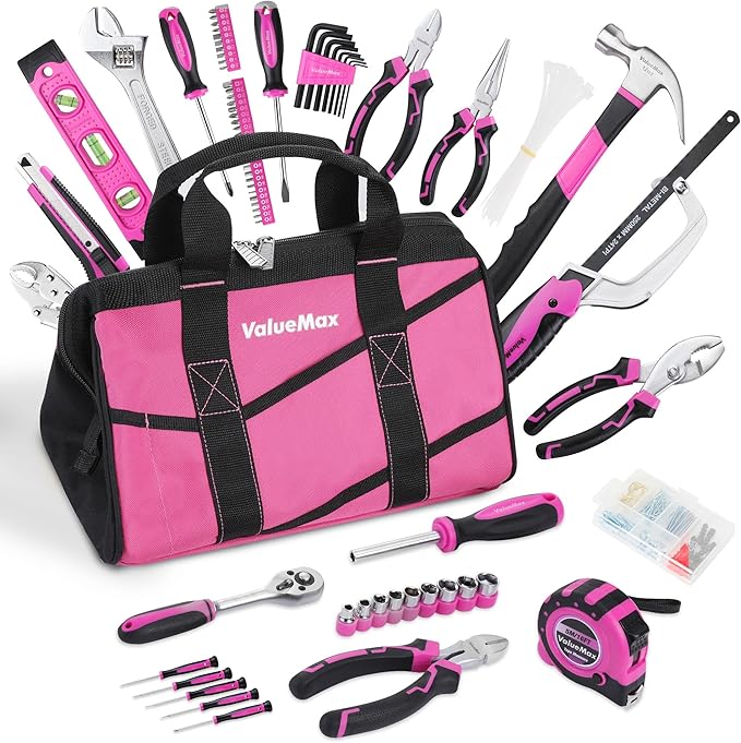ValueMax Pink Tool Kit, 218-Pieces Home Repairing Tool Set, Household Tool Kit with Wide Mouth Open Storage Bag, Household Hand Tool Set for DIY, Gifts and Basic Home Maintenance