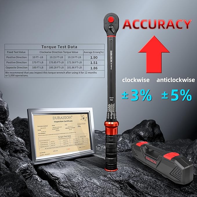 1/2-Inch Drive Torque Wrench 10-170ft.lb/13.6-230.5Nm, ±3% Precision Dual Direction Torque Wrenches with 72-Tooth Dual Range Scales