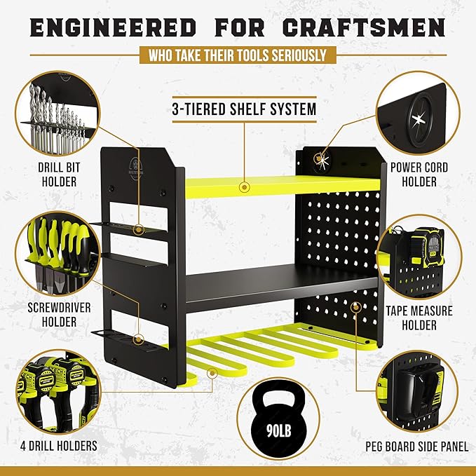 BUILTSTRONG Heavy-Duty Metal Tool Storage Rack - 3-Tier Wall Mount Organizer, Drill Holder, Utility Racks, PegBoard Side, Garage Storage (Green)