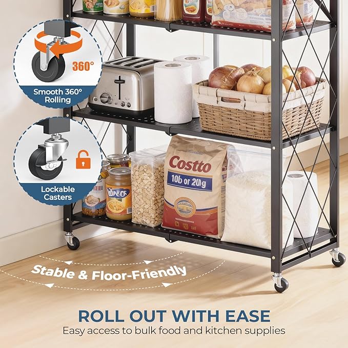 Upgraded 18% Thickened Portable 5-Tier Foldable Storage Shelves with Wheels Heavy Duty Storage Shelf Collapsible Shelves Unit Display for Garage Storage Kitchen Pantry & Closet Organizer, Black