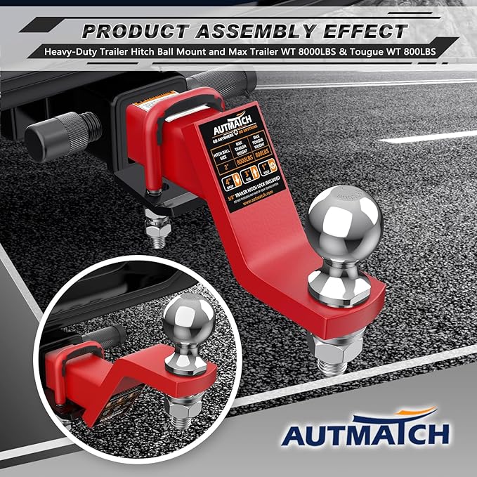 AUTMATCH Trailer Hitch Ball Mount with 2 Inch Hitch Ball - Fits 2" Receiver with Hitch Tightener, 8000Lbs Capacity Ball Hitch, 4-Inch Drop with 5/8" Hitch Lock Pin, Red