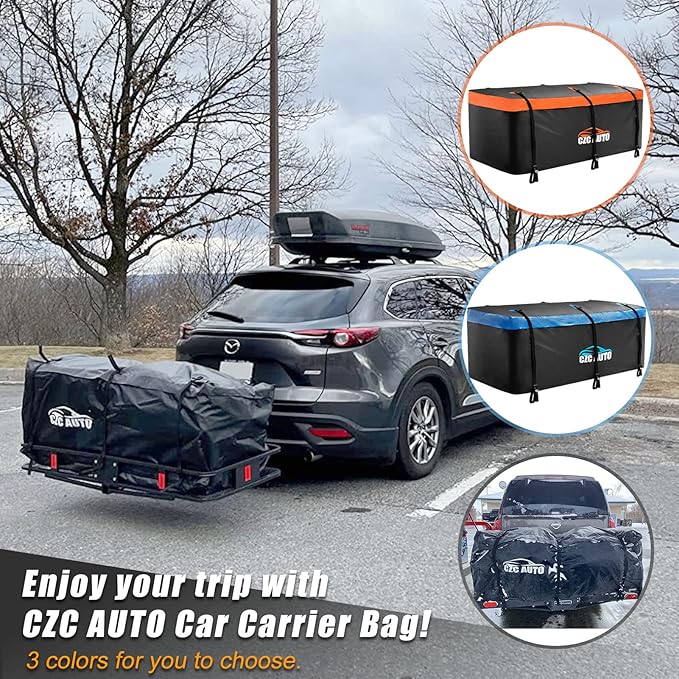 CZC AUTO Hitch Cargo Carrier Bag, 20 cu. ft Waterproof/Rainproof/Weatherproof Cargo Traveling Bag for Car Truck SUV Vans' Hitch Tray and Hitch Basket, Safe Steady Durable Soft, Black-Orange