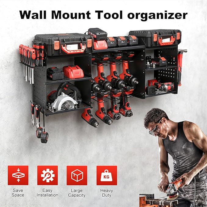 3 layers power tool organizer Loads 150lbs with 8 Cordless Drill Holder and 8 Outlet Power Strip,it’s good choice for husband birthday gift,black