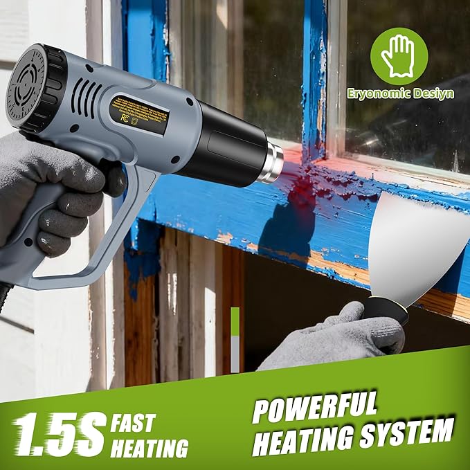 Heat Gun, 10Ft power cord Heavy Duty Hot Air Gun 572&1112℉ Dual Temperature Control 4 Nozzels & Paint Scraper Overload Protection for Paint Stripping,Crafting, vinyl wrap