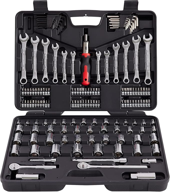 161-Piece Master Mechanics Tool Set & 1/4", 3/8", 1/2" Drive Socket Kit. Professional Auto Repair Set with Ratcheting Bit Driver, Spark Plug Sockets, Wrenches & Hex Keys for Car, Truck, RV.