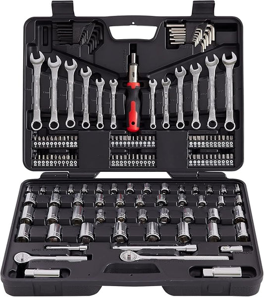 161-Piece Master Mechanics Tool Set & 1/4", 3/8", 1/2" Drive Socket Kit. Professional Auto Repair Set with Ratcheting Bit Driver, Spark Plug Sockets, Wrenches & Hex Keys for Car, Truck, RV.