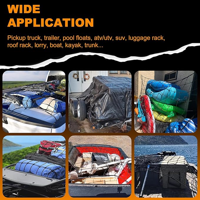 Seven Sparta 5’ x 7’ Bungee Cargo Net Stretches to 10' x 14' for Truck Bed, Pickup Bed, Trailer, Trunk, SUV with 16 Bonus D Clip Carabiners Car Organizer Net for Large Loads (Black, 5'x7')