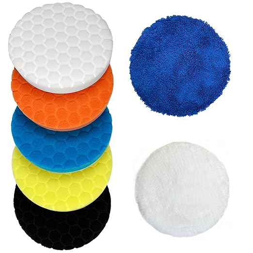 Buffing Polishing Pads 6 Inch - 7Pcs 150mm Face for 6 Inch 150mm Backing Plate, Car Compound Buffing Sponge Pads and Woolen Cutting Polish Pad Kit for Car Polishing and Waxing