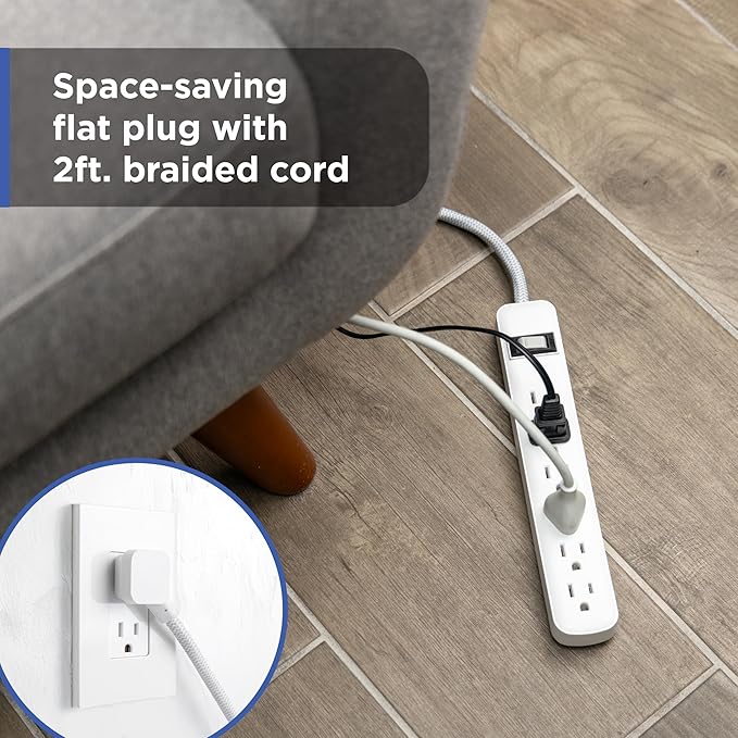 GE Surge Protector Power Strip Combo Pack with Multiple Outlets, 6 Outlet & 2 Outlet 2 USB-C, 245 Joules, 2ft Braided Cords, Flat Plugs, ETL Certified, White, 86076
