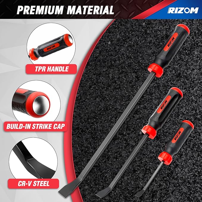 Rizom Pry Bar Set, 3-Piece Pry Bar with Strike Cap Handle, Angled Tip for Prying, Lifting and Pulling Objects