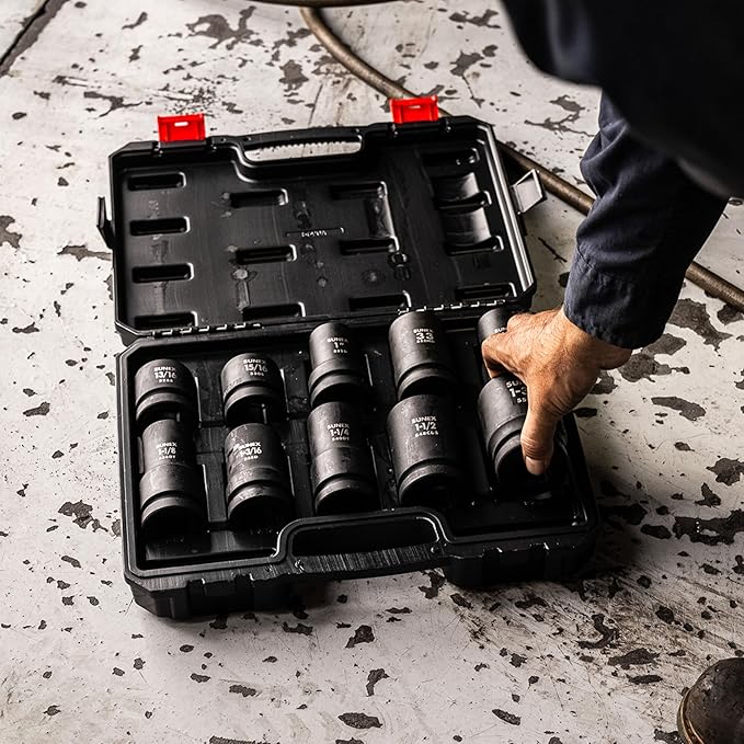 Sunex 5690A, 1 Inch Drive Heavy Duty Wheel Impact Socket Set, 10-Piece, SAE/Metric, Deep/Deep Thin Wall/Square/Controlled Depth, Cr-Mo Steel, Storage Case
