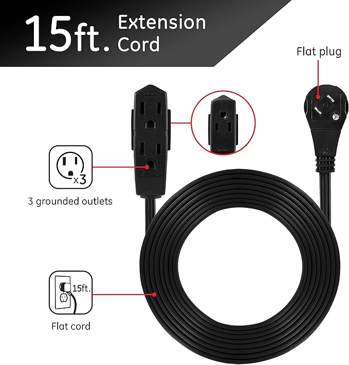 GE 3-Outlet Flat Extension Cord 15 Ft Grounded Extension Cord with Multiple Outlets 3 Prong Outlet Extender Flat Plug Indoor Power Strip 16 Gauge UL Listed Black, 56987
