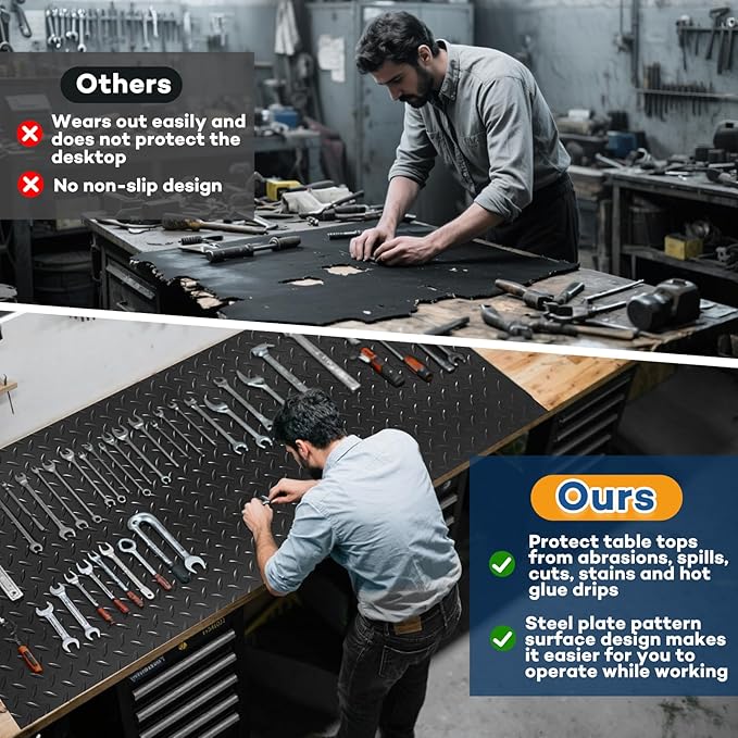 48" x 17" Work Bench Pad PVC Workbench Mat with Non-Slip Steel Plate Texture, 1.5mm Thick Scratch & Stain Resistant Surface for Woodworking, Crafting, DIY Projects and Tool Protection