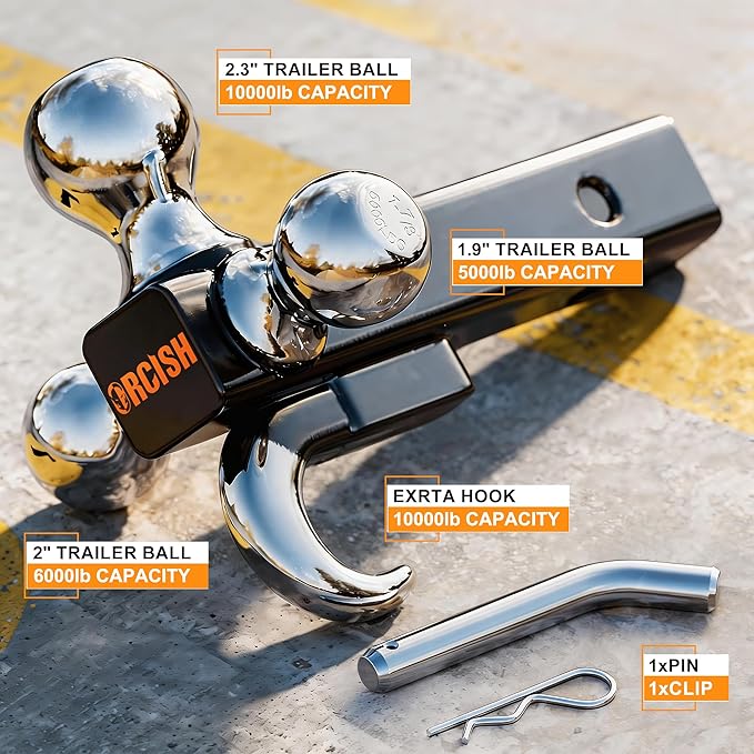 ORCISH Trailer Hitch Tri-Ball Mount with Tow Hook & Pin, Chrome Trailer Ball Sizes 1-7/8", 2" & 2-5/16", Fit 2 Inch Hitch Receiver, 10,000 LBS Max Towing Capacity for RVs, SUVs, ATVs & Trucks