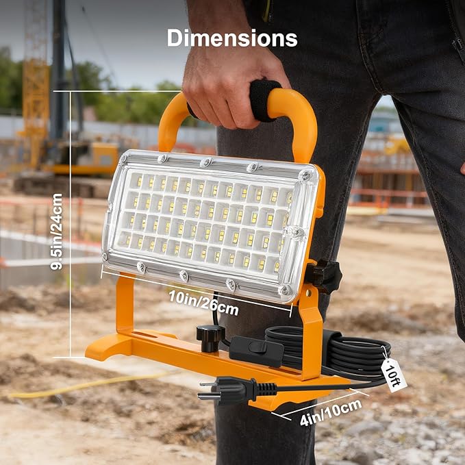 LED Work Light 6500LM 85-277v, 500W Equivalent Flood Light with 10FT Cord Switch, 5000K Work Lights with Stand, Portable LED Lights IP67 Waterproof for Job, Workshop, Construction