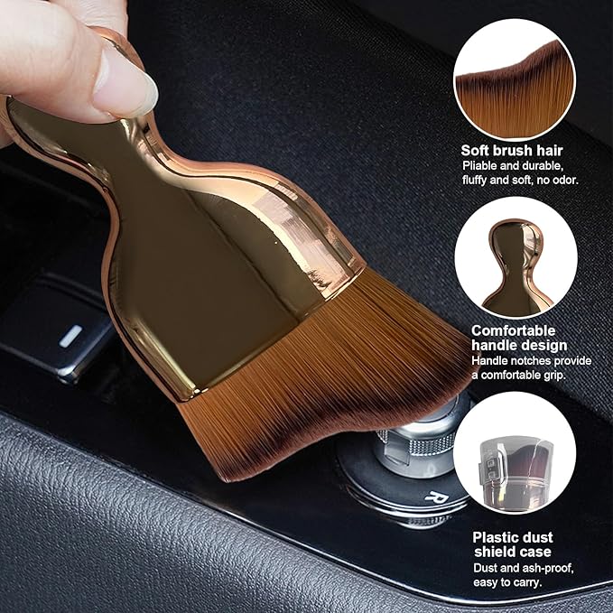 Ziciner Car Detailing Brush, Curved Soft Bristles Auto Removal Dust Collectors, Universal Vehicle Dashboard, Air Conditioner Vents etc Interior Cleaning Tool Accessory (Rose Golden)