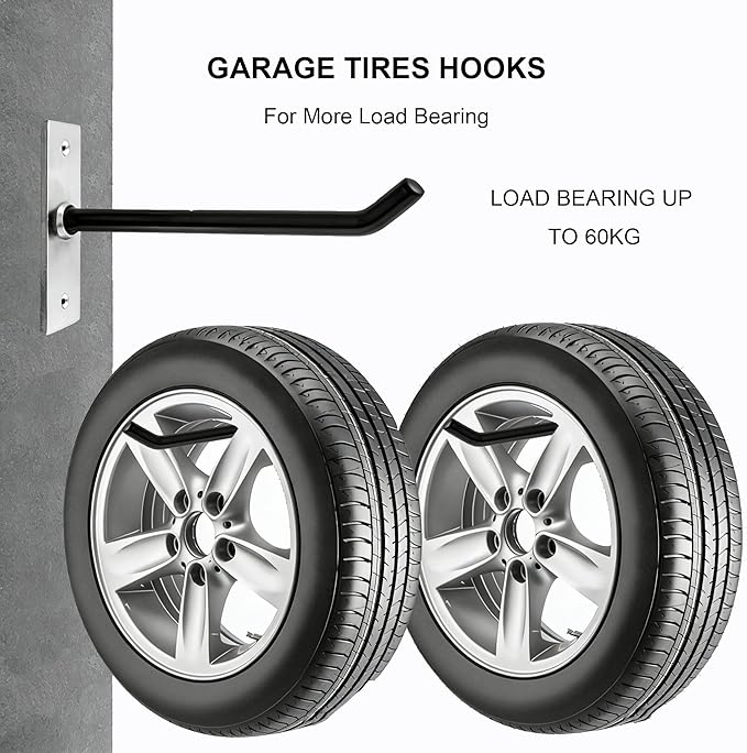 Sinoer 10-Inch Heavy Duty Steel Tire Rack Wall Mount (4-Pack) – Anti-Slip Garage Tires Hooks for Tire, Wheel, Ladder, Bike & Tool Storage – Garage Organization Hanger with Screws & Anchors, Black