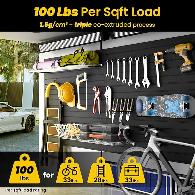 Slat Wall Paneling 4x8 FT, PVC Slat Wall Panels with 16 Hooks Heavy-Duty Garage Organization System, Slatwall Pegboard Suitable for Home、Garage、Shop Wall Display & Organization (Black)