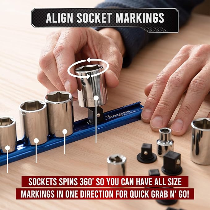 Precision Defined Aluminum Tool Socket Holder 3-Piece Set | Blue, 1/4-Inch x 16 Clips, 3/8-Inch x 16 Clips, 1/2-Inch x 14 Clips | 360 Rotation - Heavy Duty Socket Rails Organizer, Socket Storage