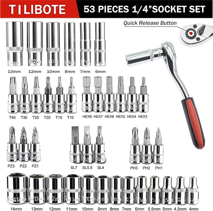 Socket Wrench Set, 53PCS 1/4 Inch Ratcheting Wrench Set And Extension Bar Gimbal Slide Bar Extension Sockets, Set For Automotive Repair And Home Use.