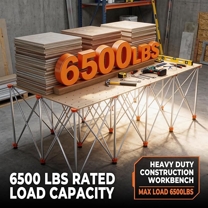 8'x4' Heavy Duty Portable Folding Workstand - 6,500 lbs Capacity Collapsible Workbench with Thickened Legs, Round Steel X-Braces & 4" Adjustable Leveling Feet - Instant Setup for Jobsite & Garage