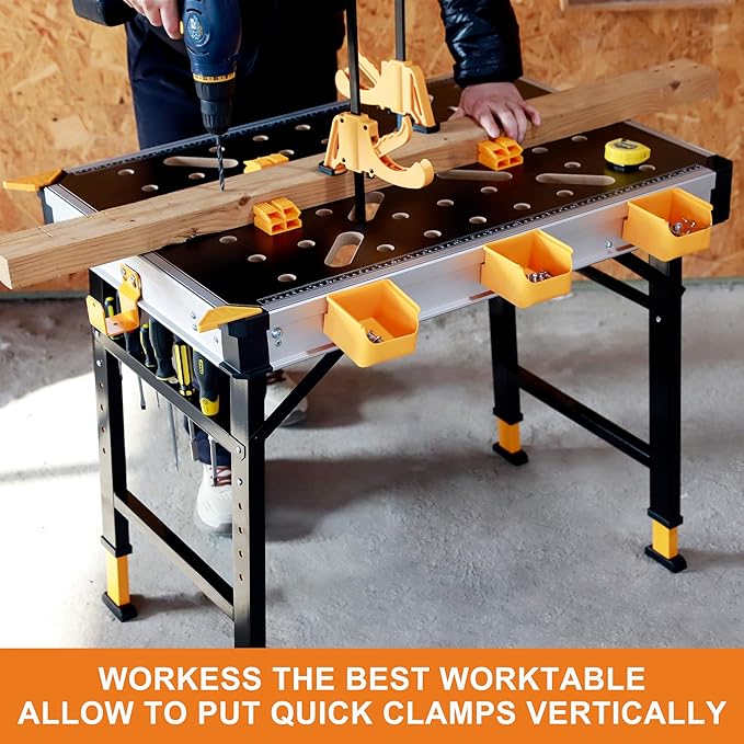 WORKESS Portable Workbench 1000Lbs Capacity 2026 Upgraded Adjustable 5 Level Height Heavy Duty Folding Work Table with 2 Quick Clamps, 4 Bench Dogs, 3 Tool Boxes for Garage Easy Storage