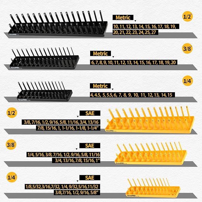 7PCS Socket Organizer Tray Set with Mini Folding Tray, Yellow & Black Magnetic Socket Holder for 1/4", 3/8", 1/2" Drive Metric and SAE Sockets