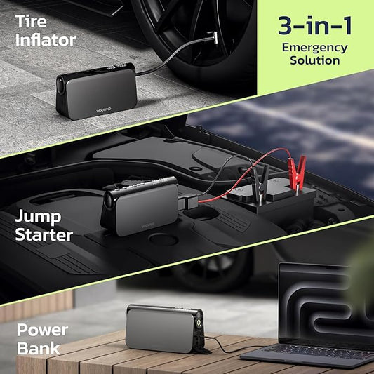 Woowind 3-in-1 Jump Starter: 16000mAh Booster, 65W Power Bank, 150PSI Air Compressor & Tire Sealant Kit for 6.0L Gas/2.5L Diesel Engines. TPMS Safe (V01 + Tire Sealant)