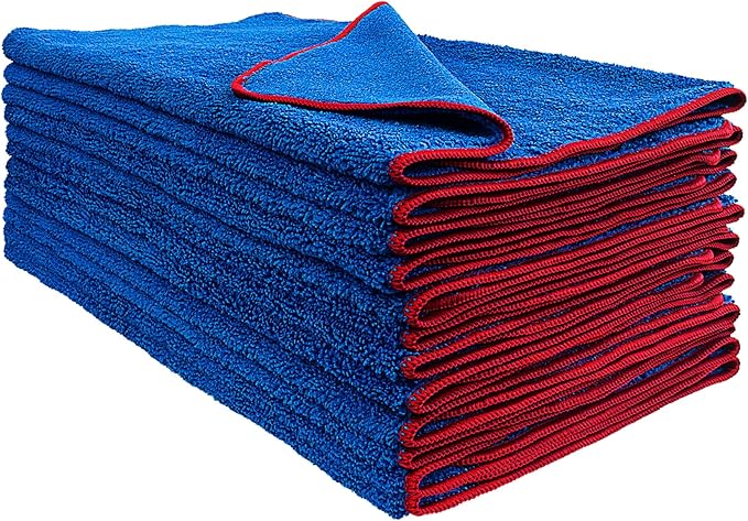 Detailer's Preference Dual Pile 400 GSM Microfiber Towels with Red Trim, All-Purpose Terry Weave Cleaning Cloths for Auto, Home, Boat, Scratch-Free & Reusable, 16x24 Inches, 12-Pack