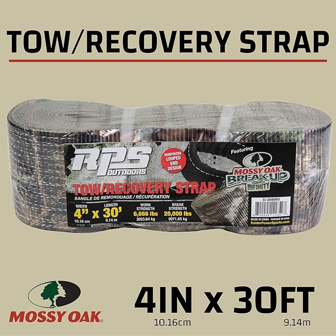 SI-2046MO Mossy Oak Break-Up Infinity Camo 4" x 30' Recovery Tow Strap with Reinforced Looped Ends (6,666 lb Safe Working Load / 20,000 lb Break Strength)